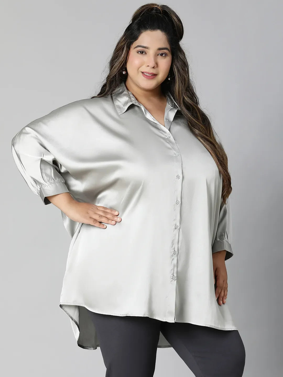 Stoned Grey Collared Baggy Style Plus Size Shirt