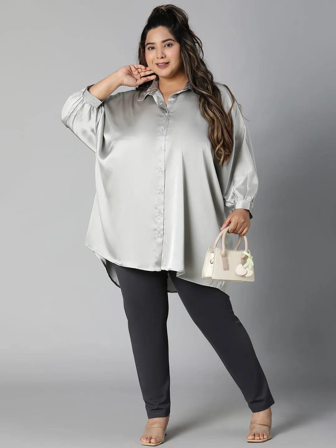 Stoned Grey Collared Baggy Style Plus Size Shirt