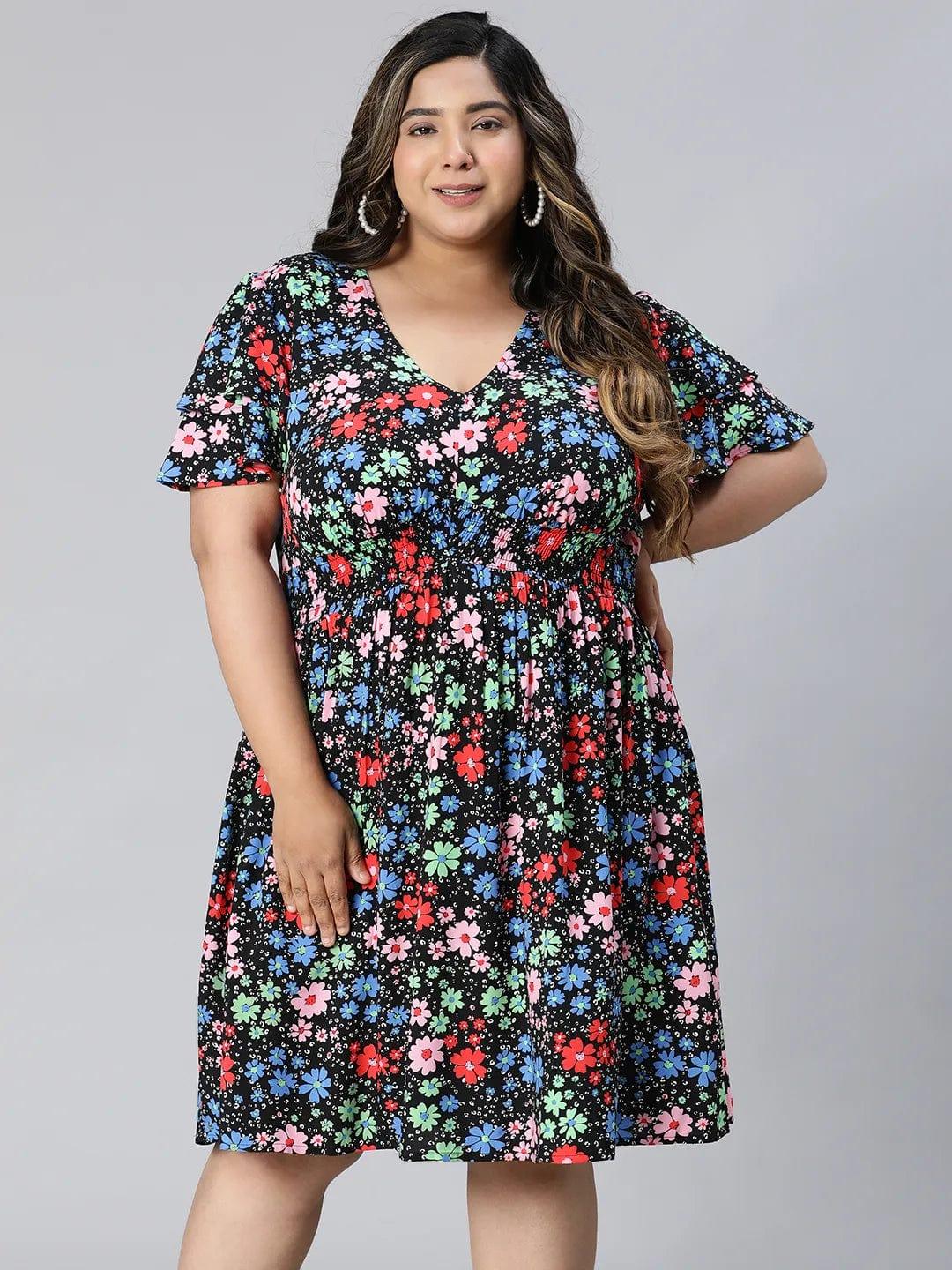 Multicolor Floral Print Knee-Length Plus Size Curvy Dress