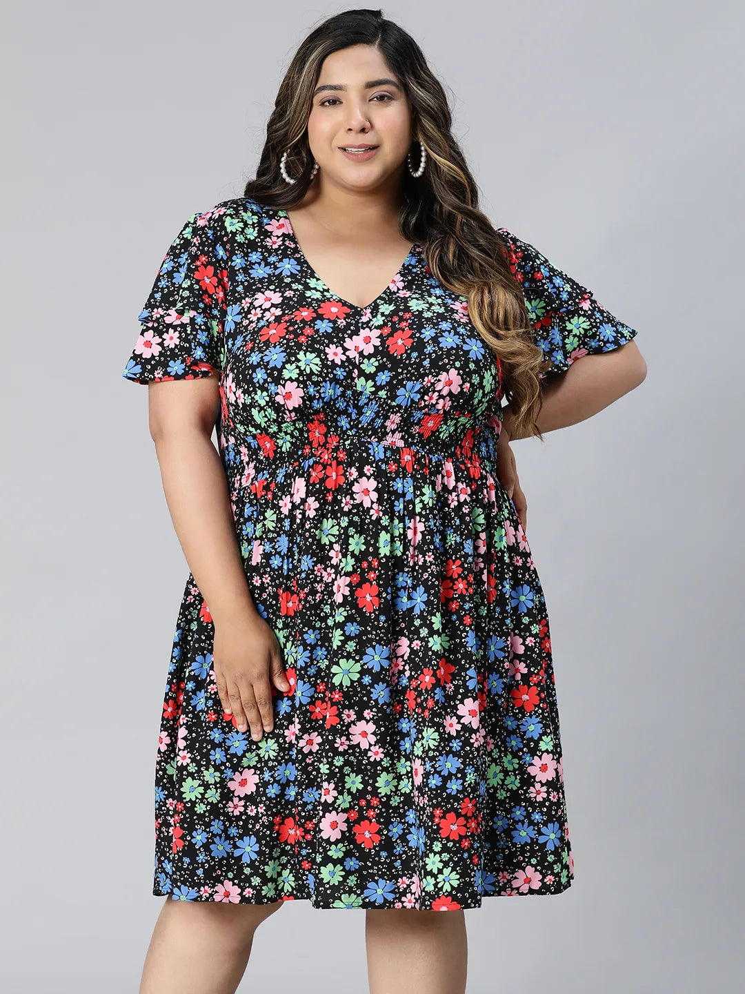 Multicolor Floral Print Knee-Length Plus Size Dress