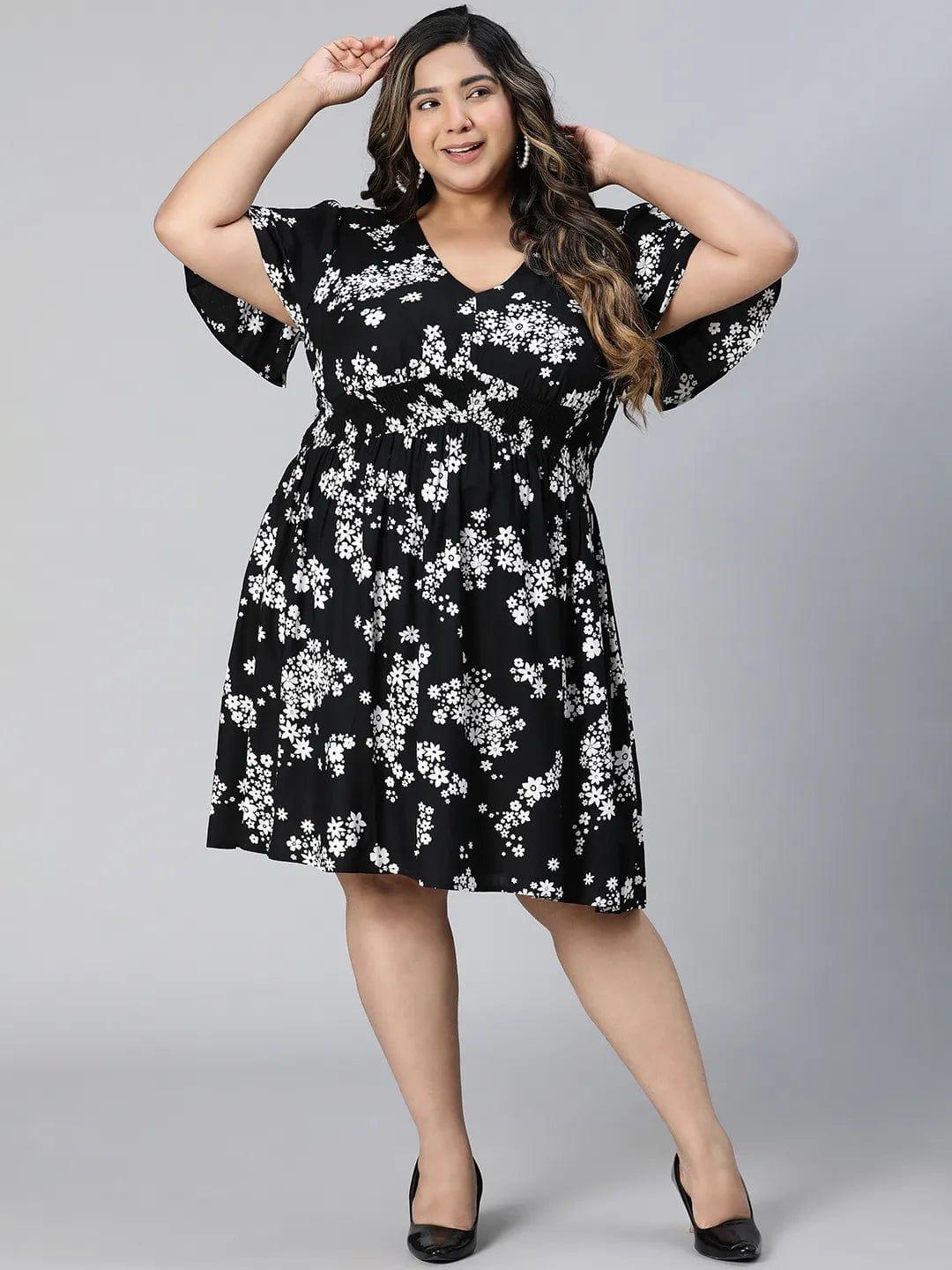 Runway Black Floral Print Knee-Length Plus Size Curvy Dress