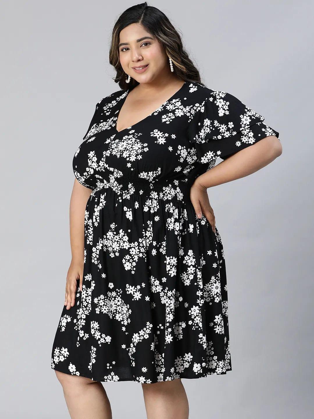 Runway Black Floral Print Knee-Length Plus Size Curvy Dress