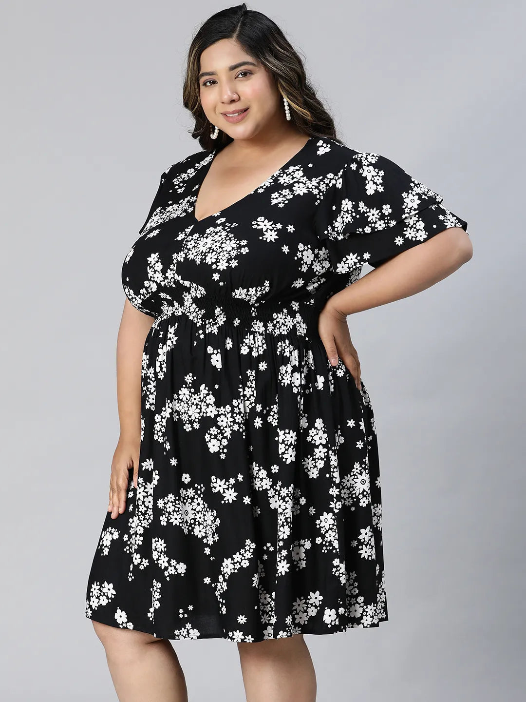 Runway Black Floral Print Knee-Length Plus Size Dress