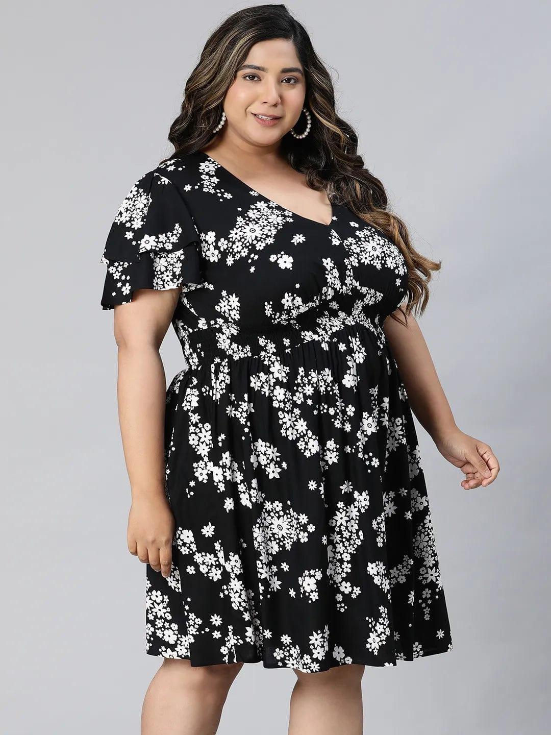 Runway Black Floral Print Knee-Length Plus Size Curvy Dress