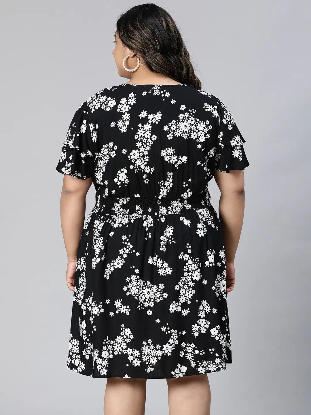 Runway Black Floral Print Knee-Length Plus Size Curvy Dress