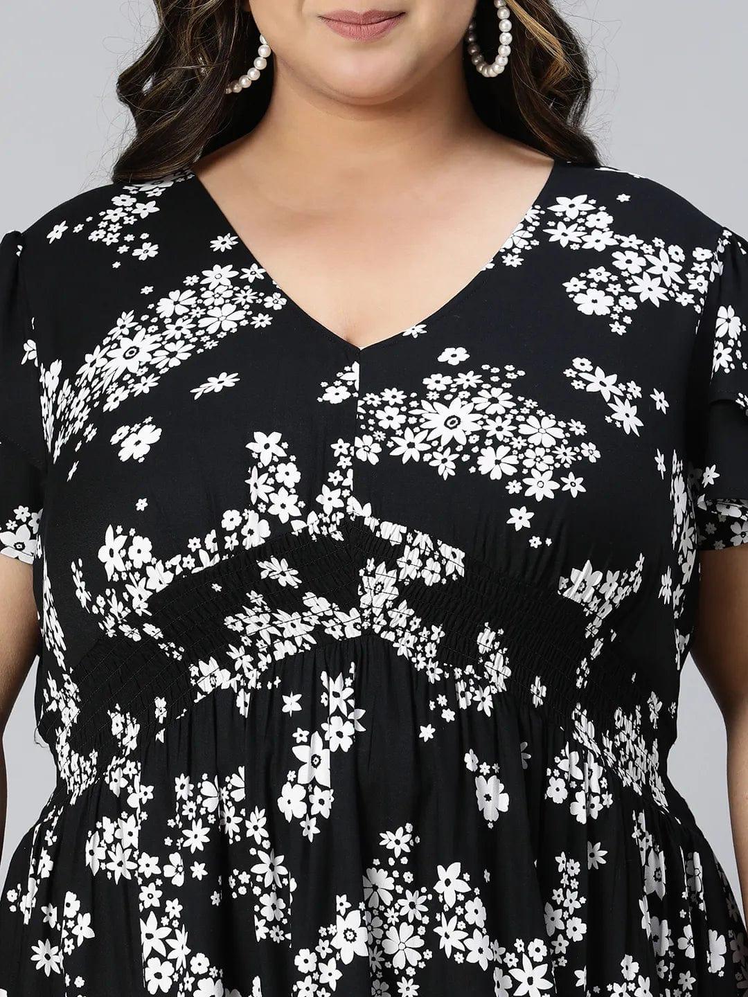 Runway Black Floral Print Knee-Length Plus Size Curvy Dress