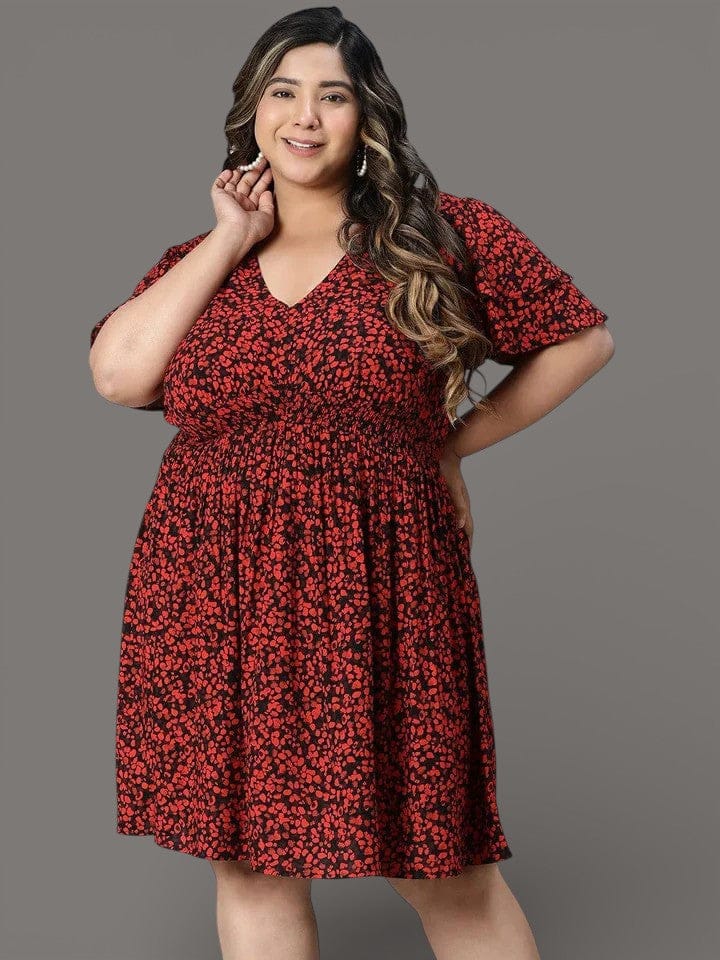 Plus Size Red Floral Print Dress