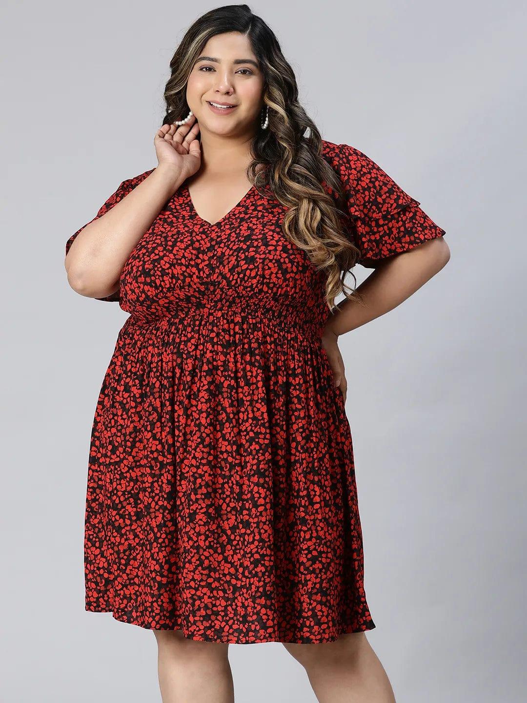 Berry Red Floral Print Knee-Length Plus Size Curvy Dress