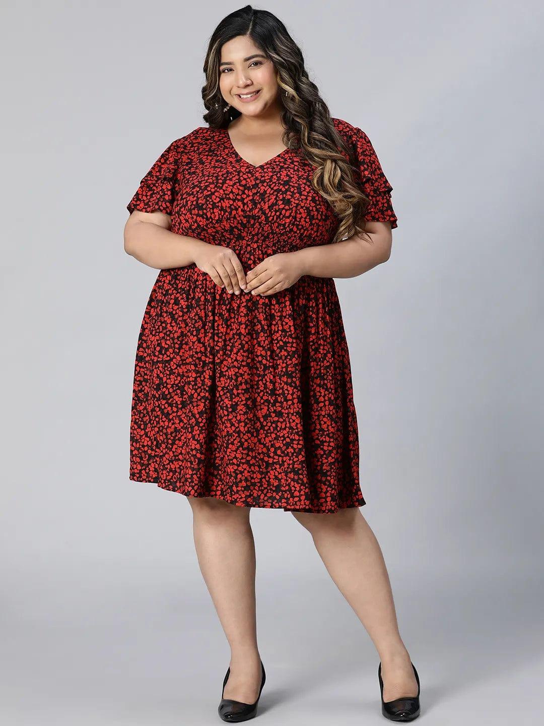 Berry Red Floral Print Knee-Length Plus Size Curvy Dress