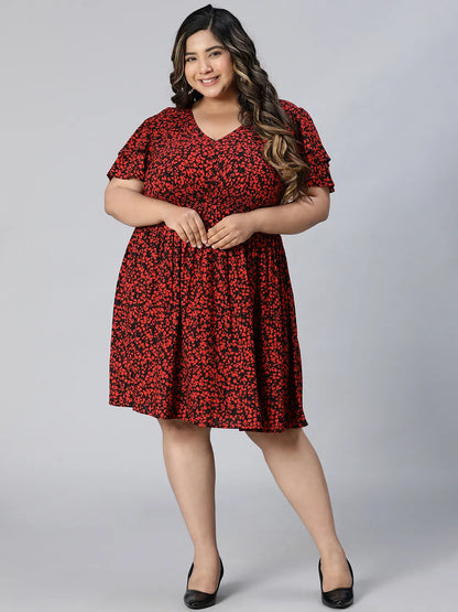 Berry Red Floral Print Knee-Length Plus Size Dress