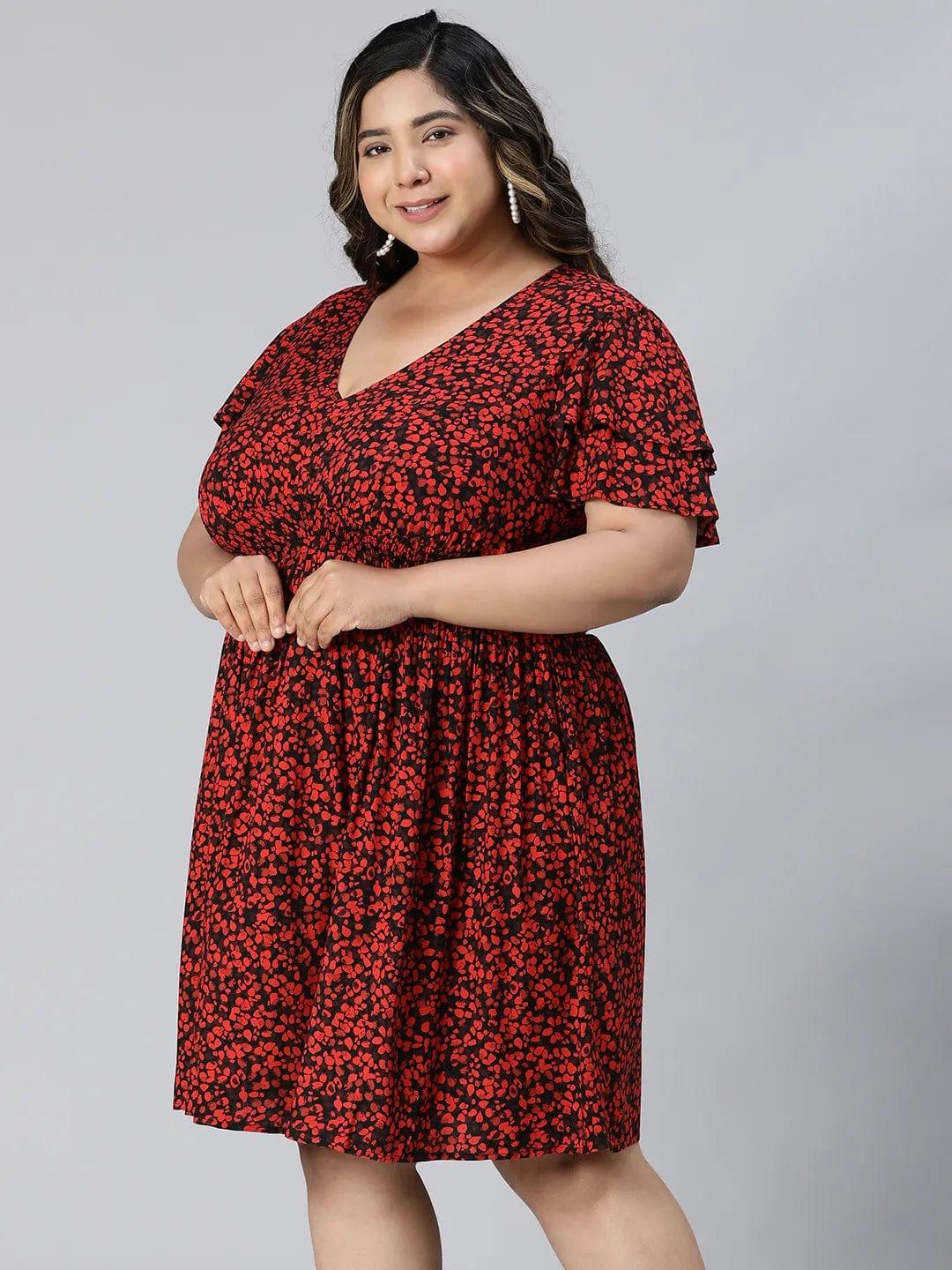 Berry Red Floral Print Knee-Length Plus Size Curvy Dress