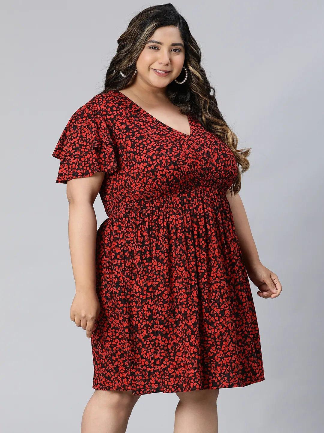 Berry Red Floral Print Knee-Length Plus Size Curvy Dress