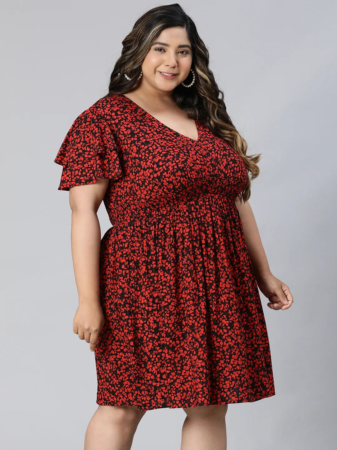 Berry Red Floral Print Knee-Length Plus Size Dress