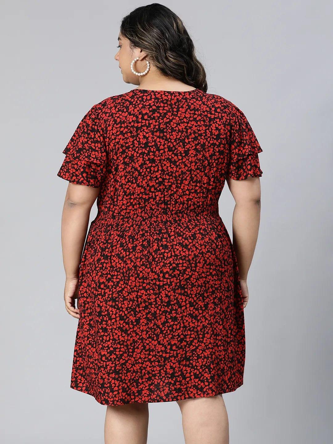 Berry Red Floral Print Knee-Length Plus Size Curvy Dress