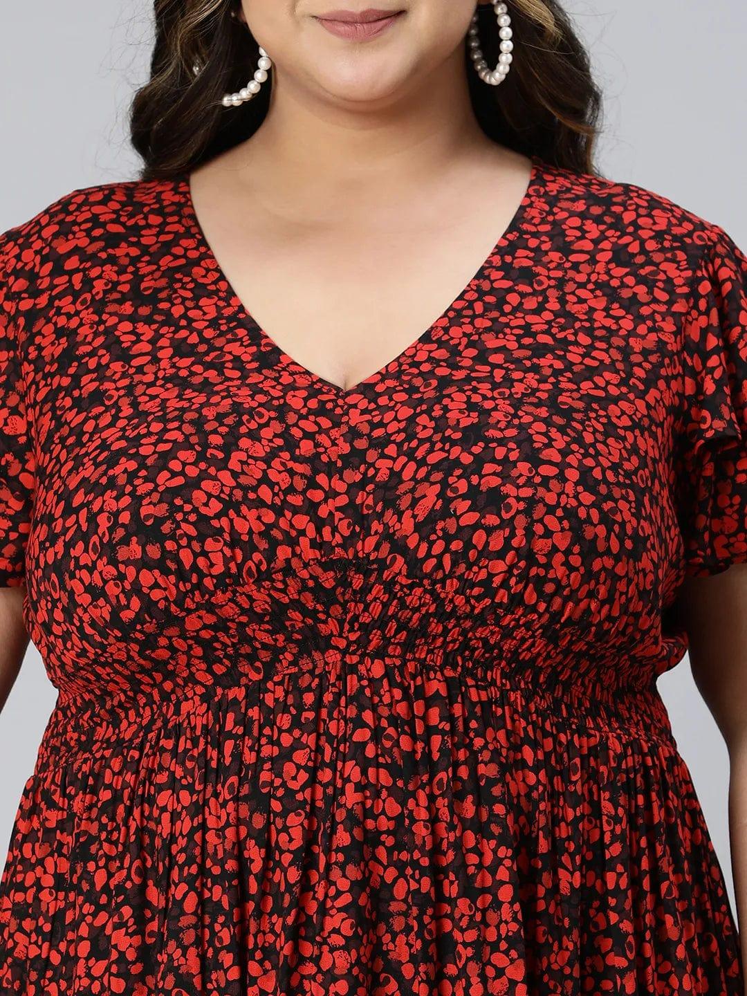 Berry Red Floral Print Knee-Length Plus Size Curvy Dress