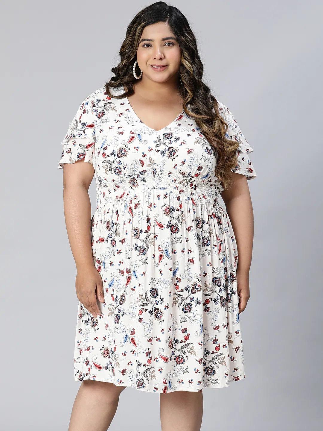 White Floral Print Short Sleeve Knee-Length Plus Size Curvy Dress