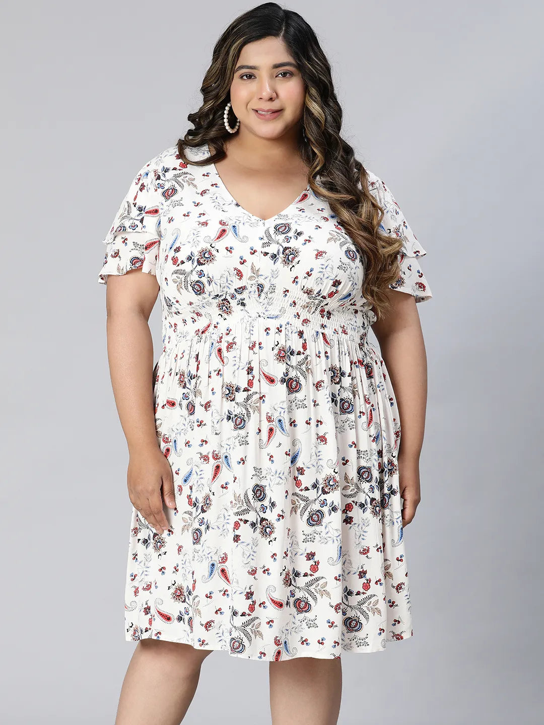 White Floral Print Short Sleeve Knee-Length Plus Size Dress