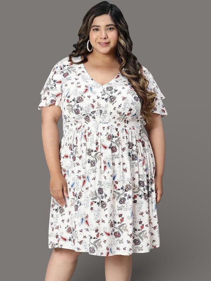 White Floral Print Short Sleeve Knee-Length Plus Size Curvy Dress