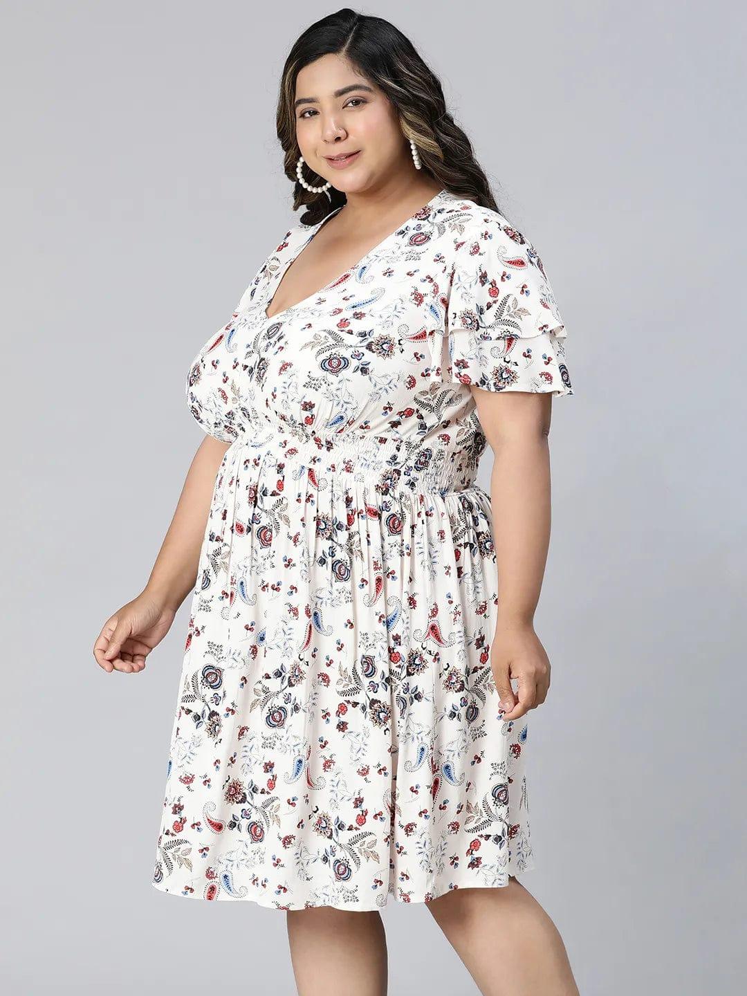 White Floral Print Short Sleeve Knee-Length Plus Size Curvy Dress