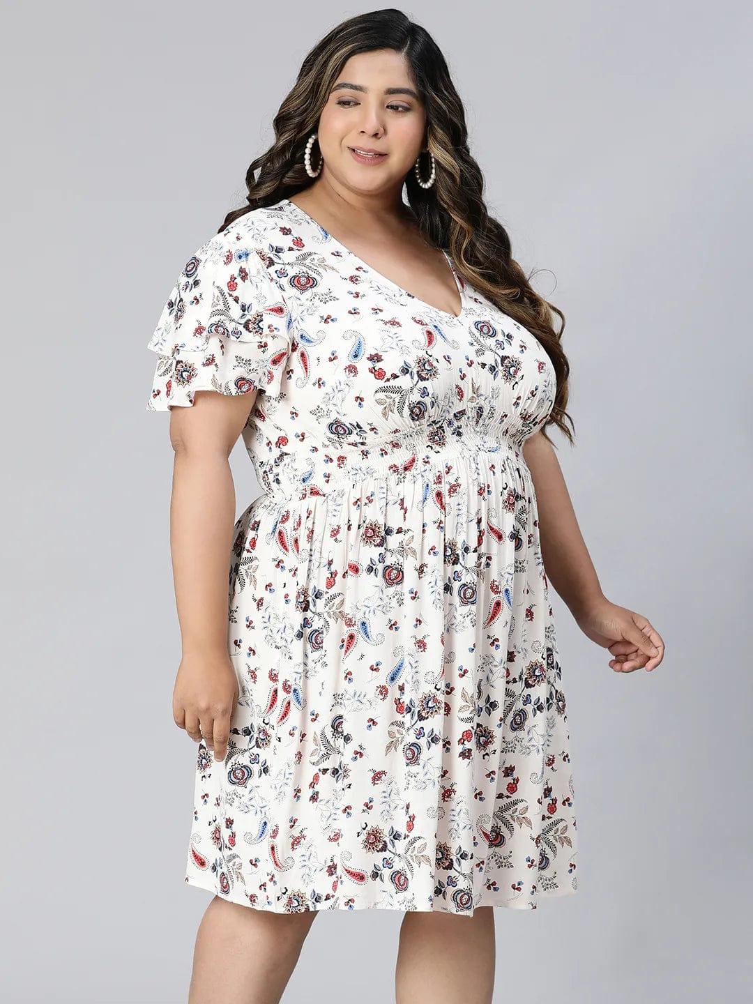 White Floral Print Short Sleeve Knee-Length Plus Size Curvy Dress