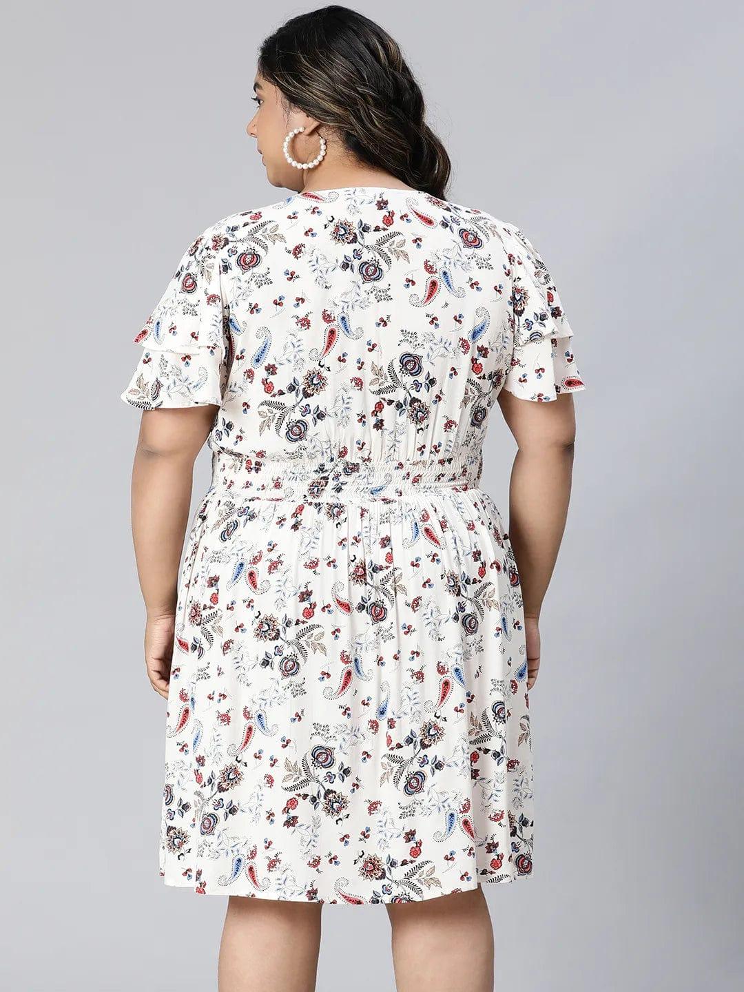 White Floral Print Short Sleeve Knee-Length Plus Size Curvy Dress