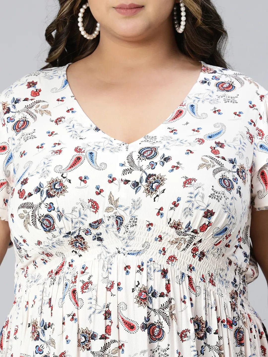 White Floral Print Short Sleeve Knee-Length Plus Size Curvy Dress