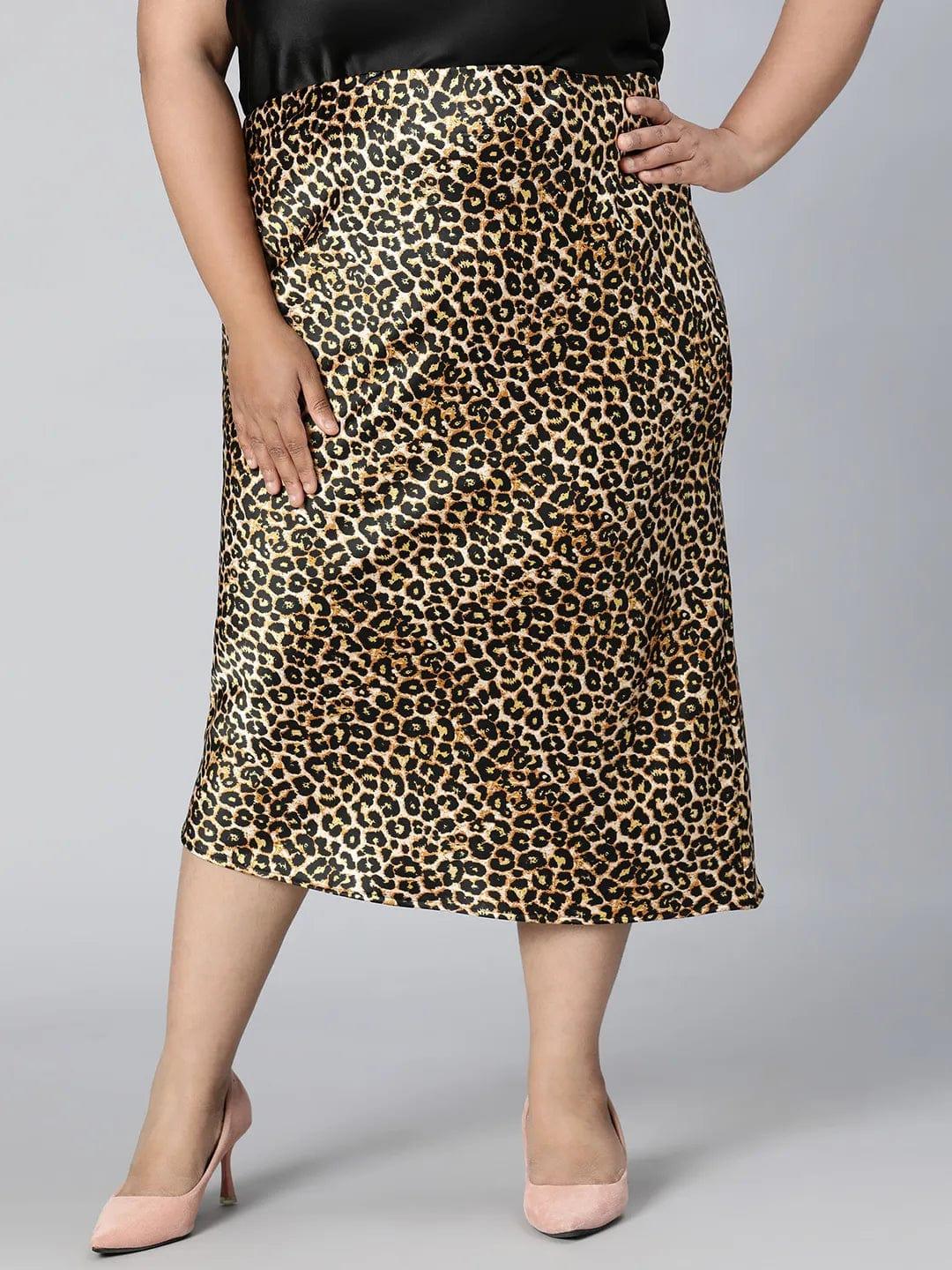 Dusky Brown Animal Print Plus Size Long Satin Skirt