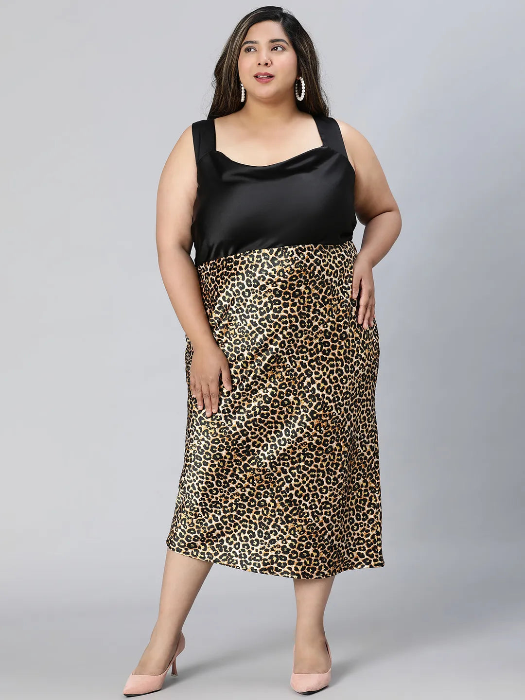 Dusky Brown Animal Print Plus Size Long Satin Skirt