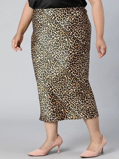 Dusky Brown Animal Print Plus Size Long Satin Skirt