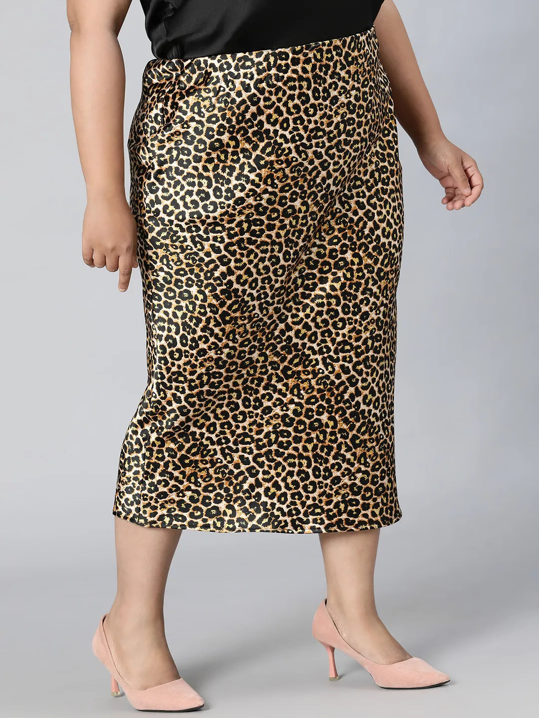 Dusky Brown Animal Print Plus Size Long Satin Skirt