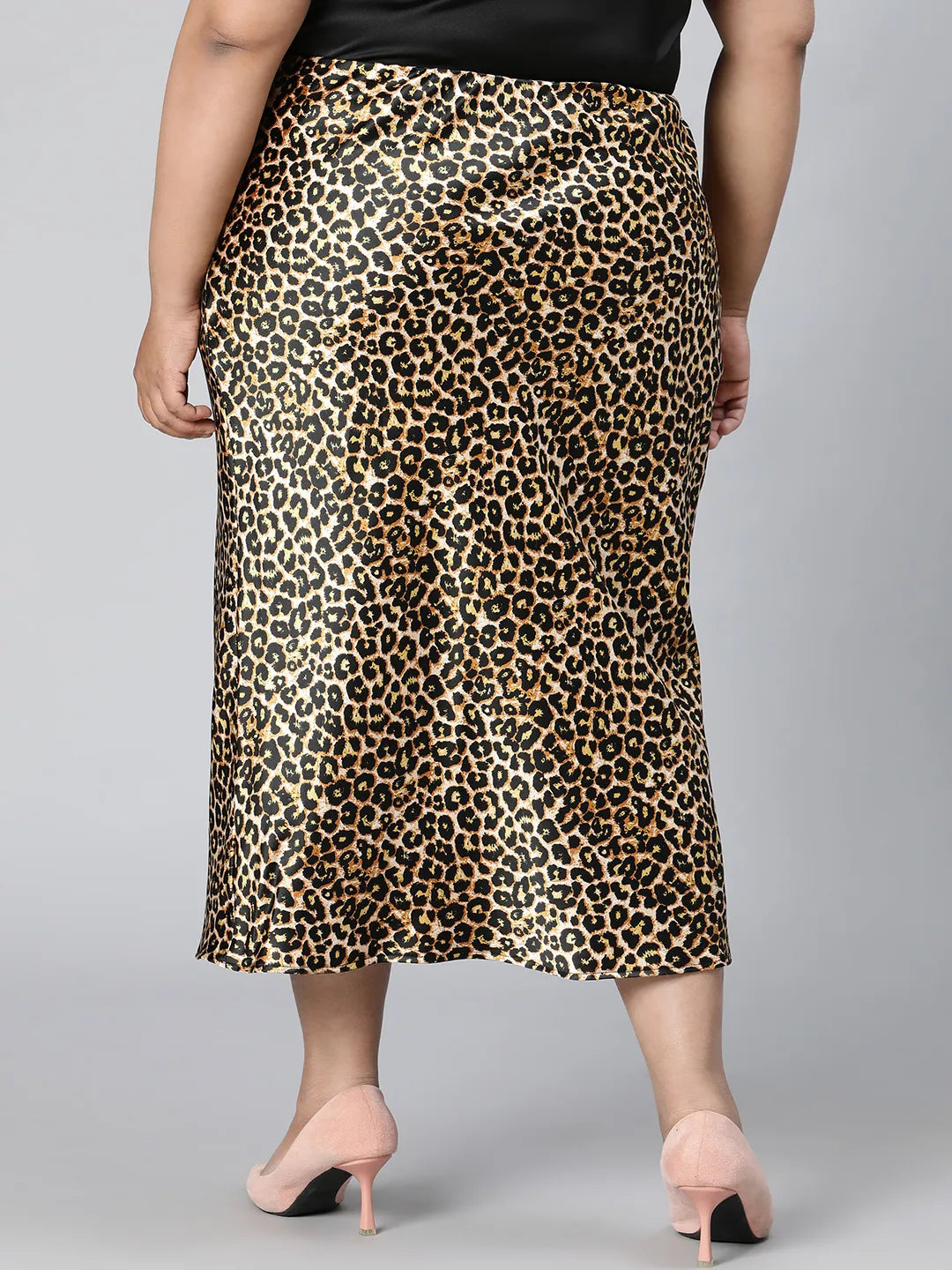 Dusky Brown Animal Print Plus Size Long Satin Skirt