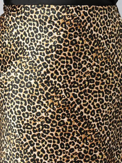 Dusky Brown Animal Print Plus Size Long Satin Skirt