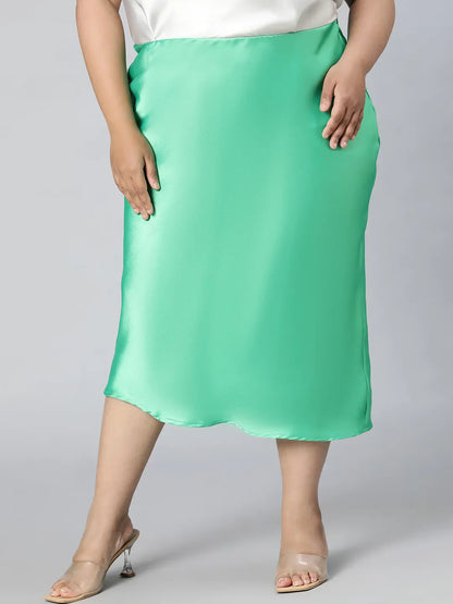 Basked Green Elasticated Plus Size Long Satin Skirt