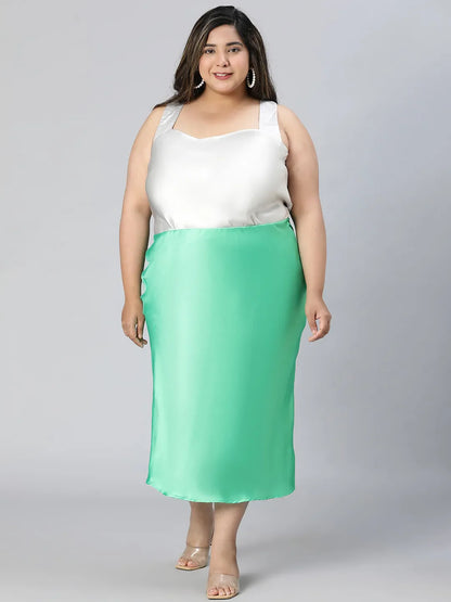 Basked Green Elasticated Plus Size Long Satin Skirt