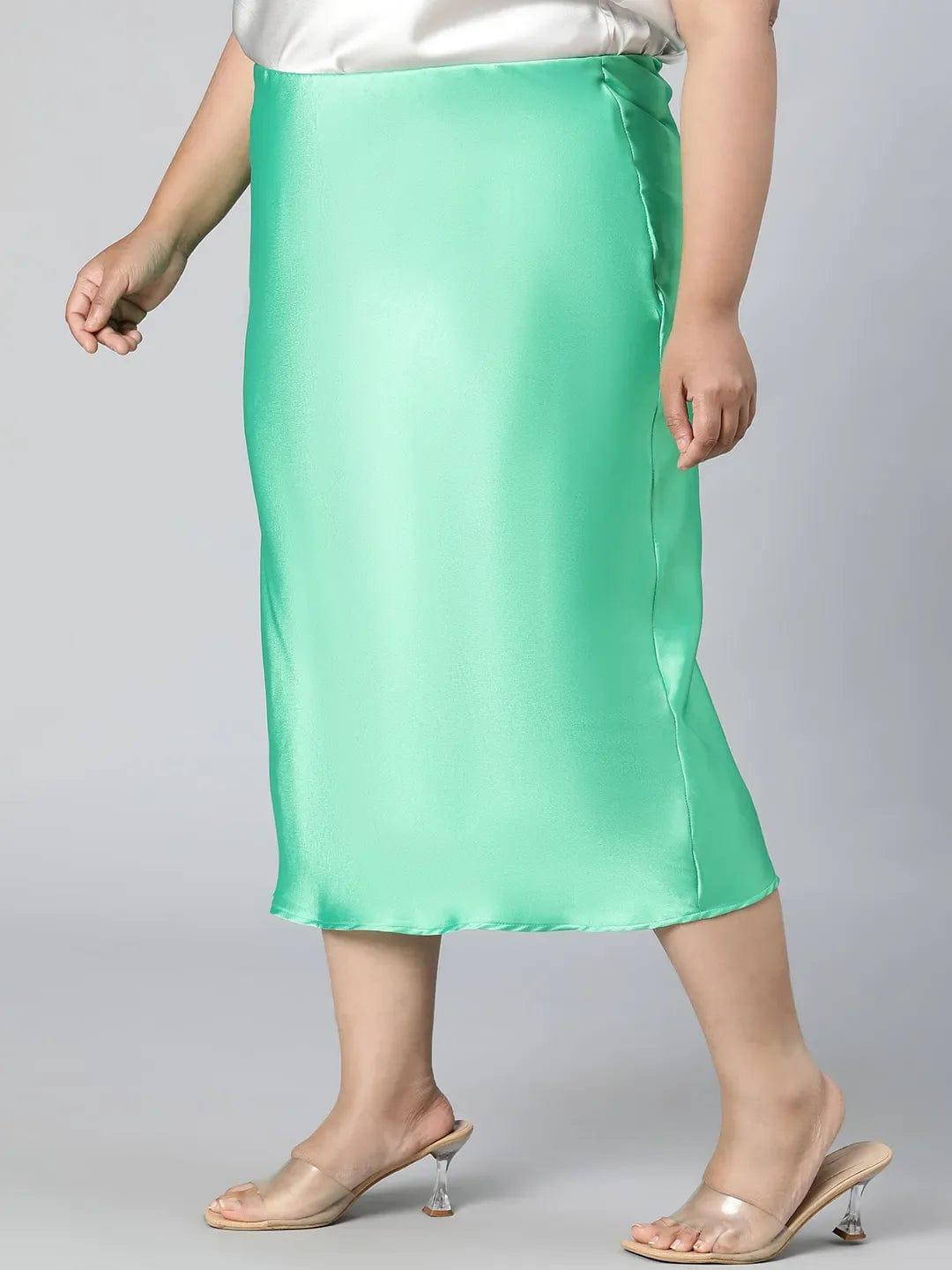 Basked Green Elasticated Plus Size Long Satin Skirt