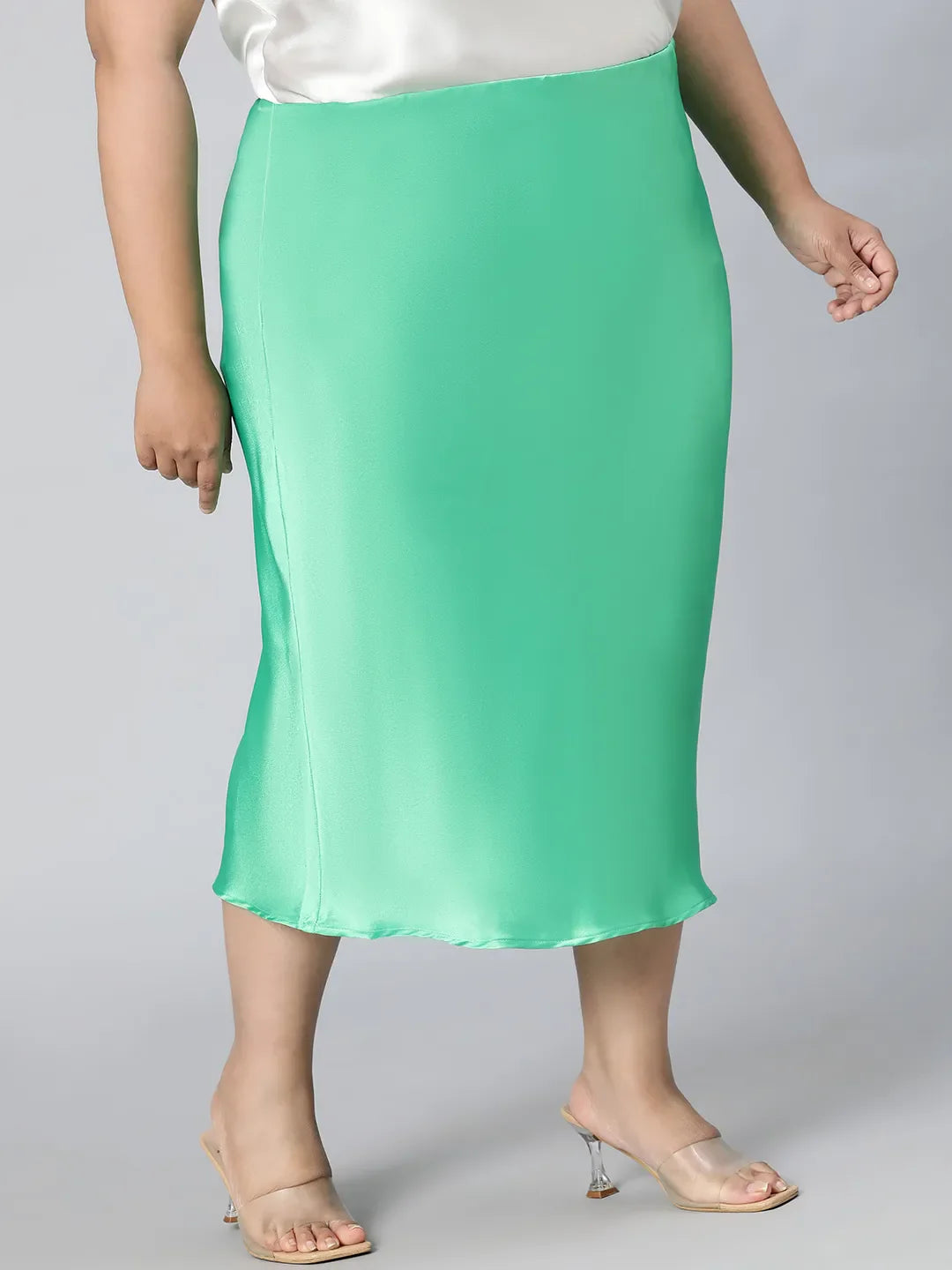 Basked Green Elasticated Plus Size Long Satin Skirt