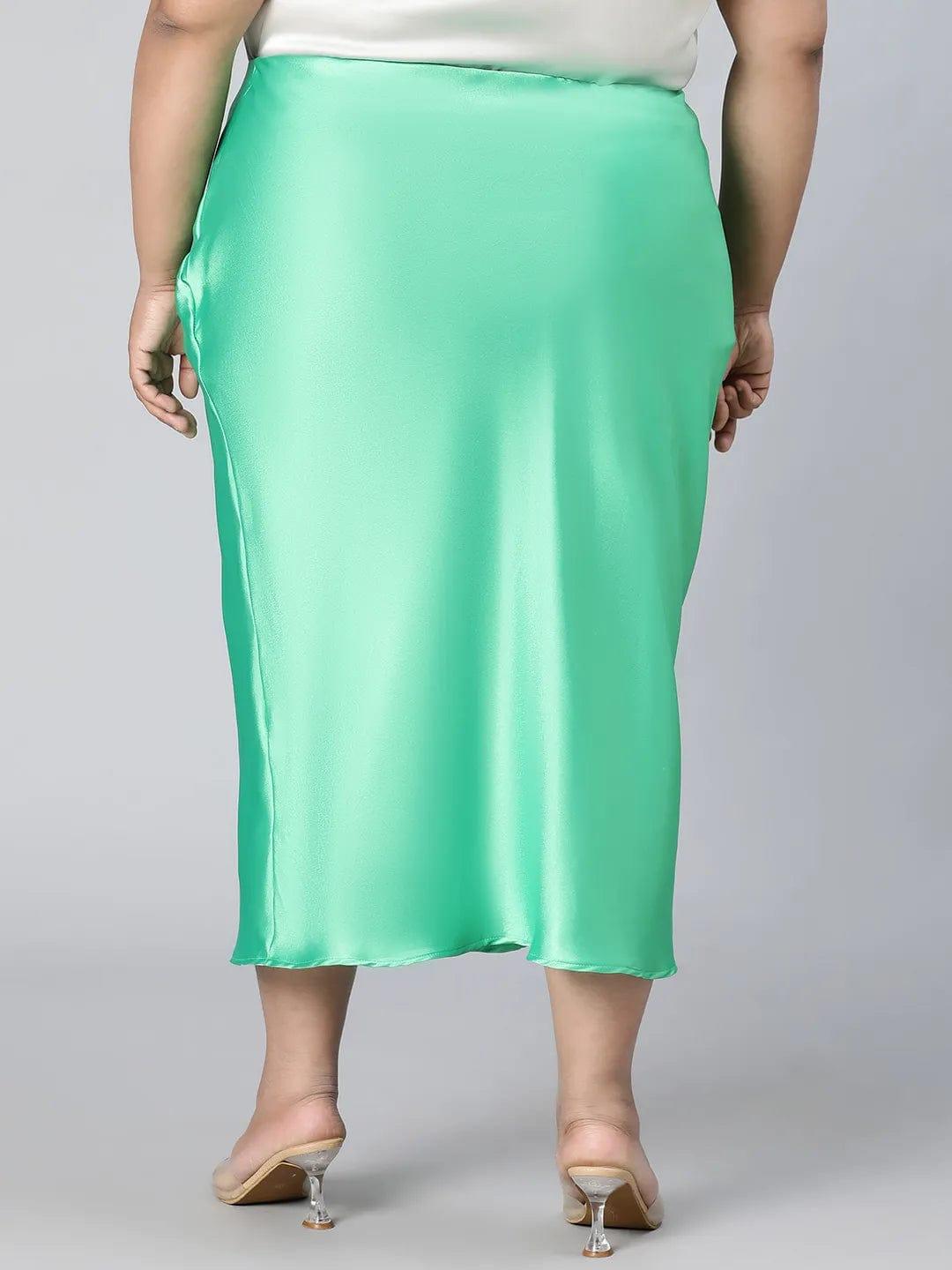 Basked Green Elasticated Plus Size Long Satin Skirt