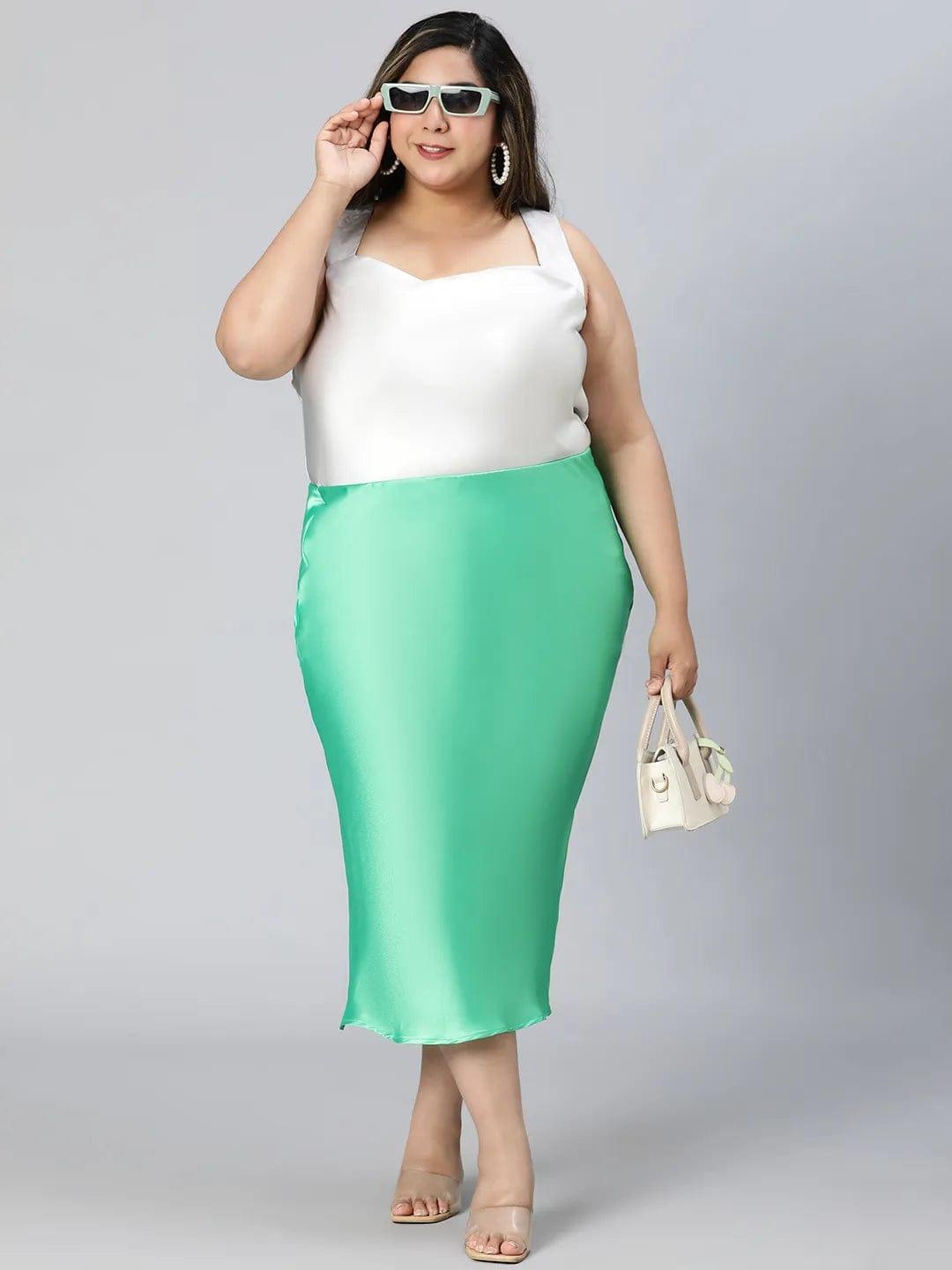 Basked Green Elasticated Plus Size Long Satin Skirt