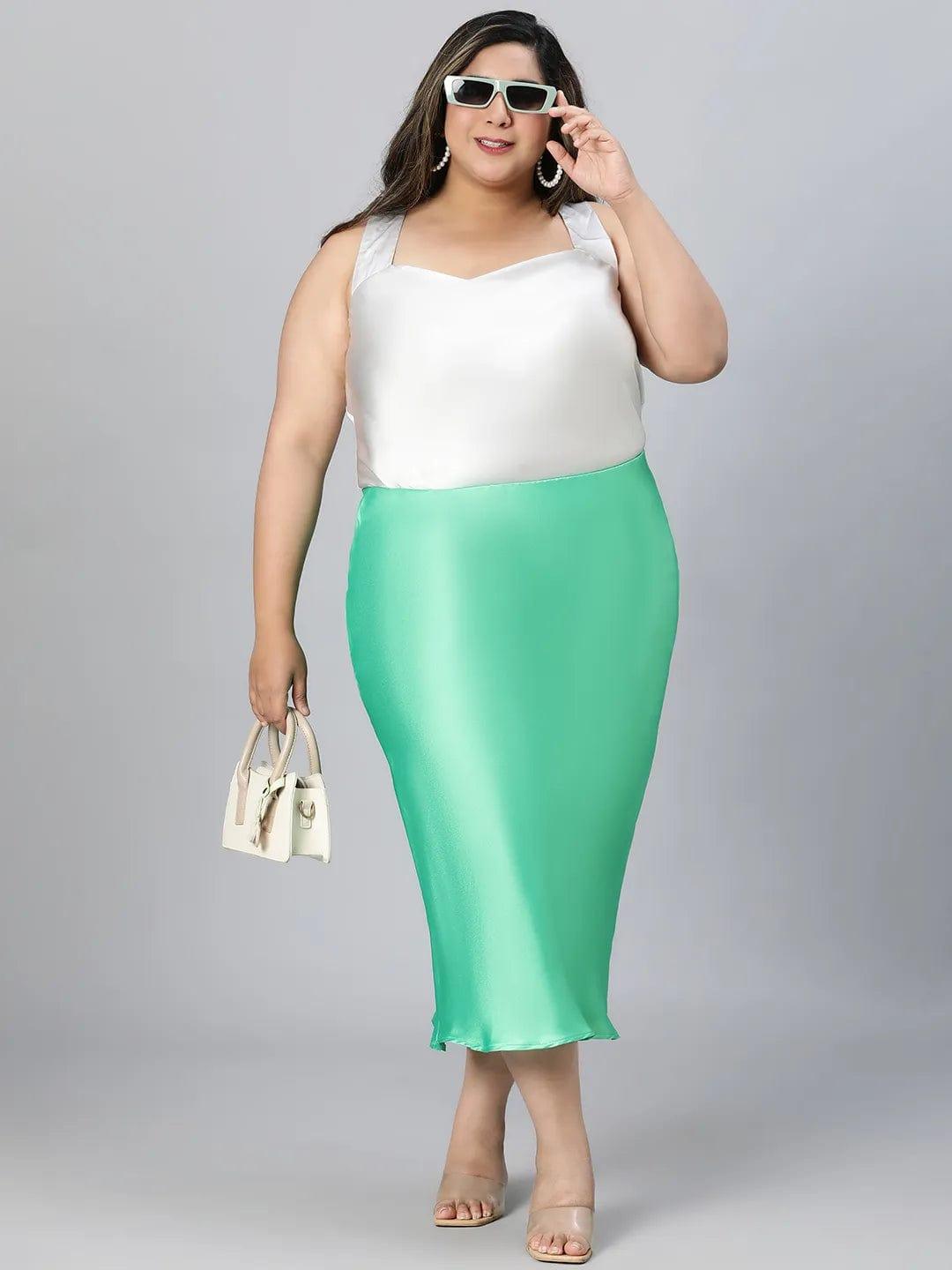 Basked Green Elasticated Plus Size Long Satin Skirt