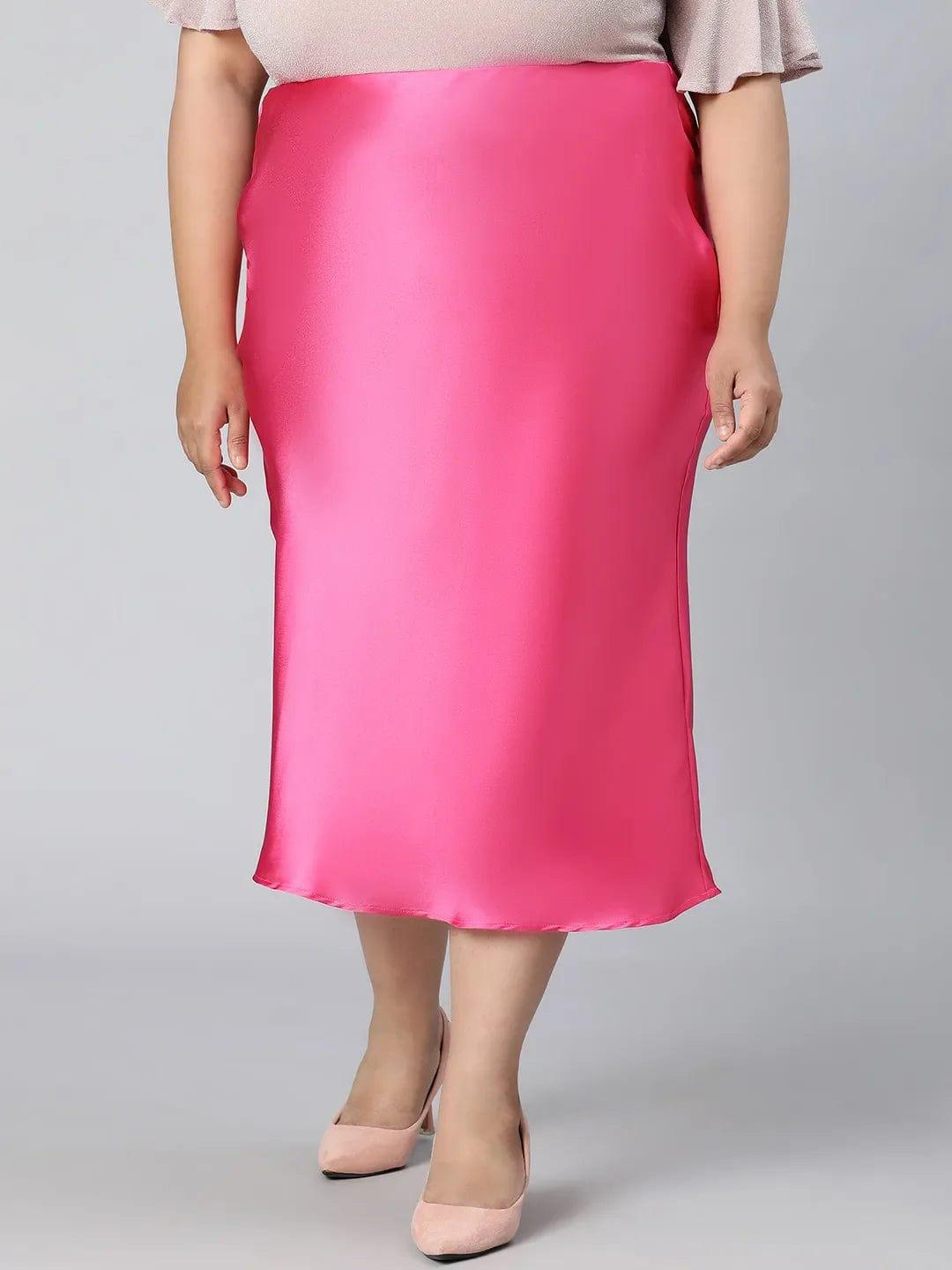 Glimmering Pink Elasticated Plus Size Long Satin Skirt