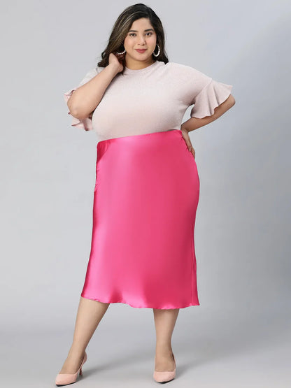 Glimmering Pink Elasticated Plus Size Long Satin Skirt