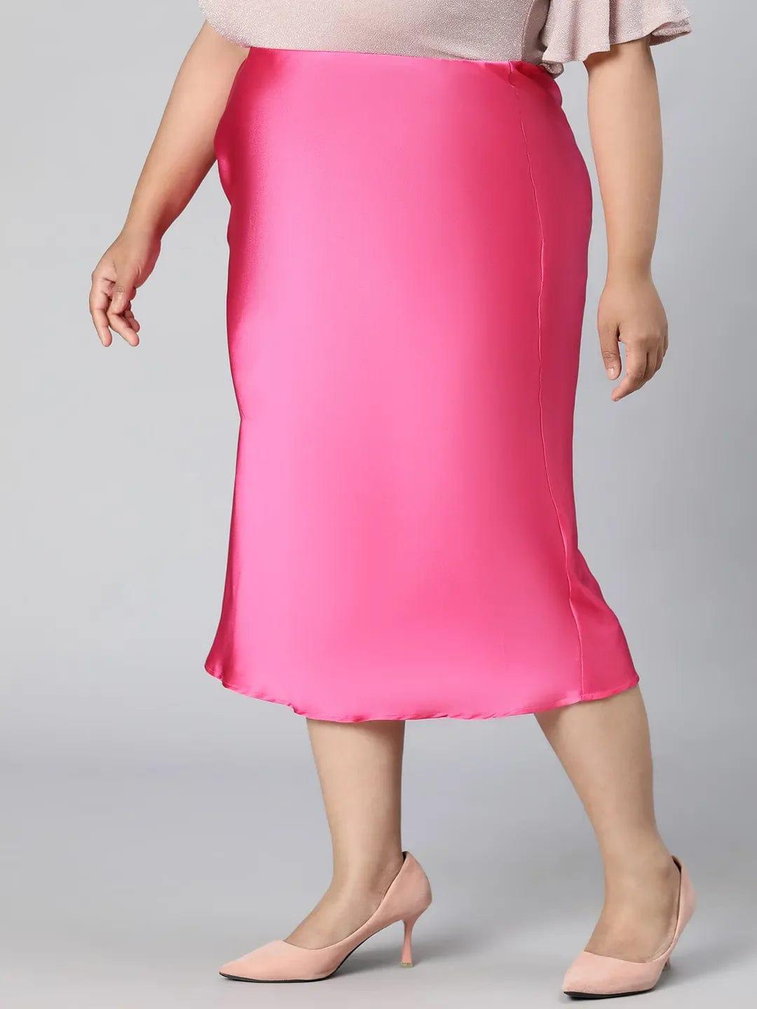 Glimmering Pink Elasticated Plus Size Long Satin Skirt