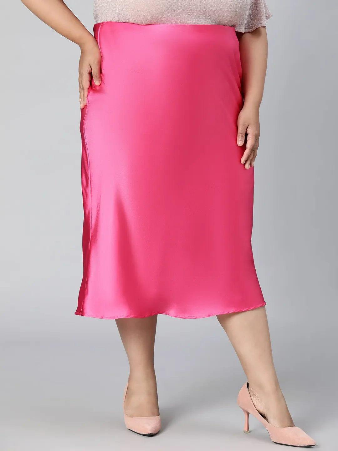 Glimmering Pink Elasticated Plus Size Long Satin Skirt