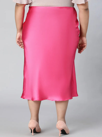 Glimmering Pink Elasticated Plus Size Long Satin Skirt