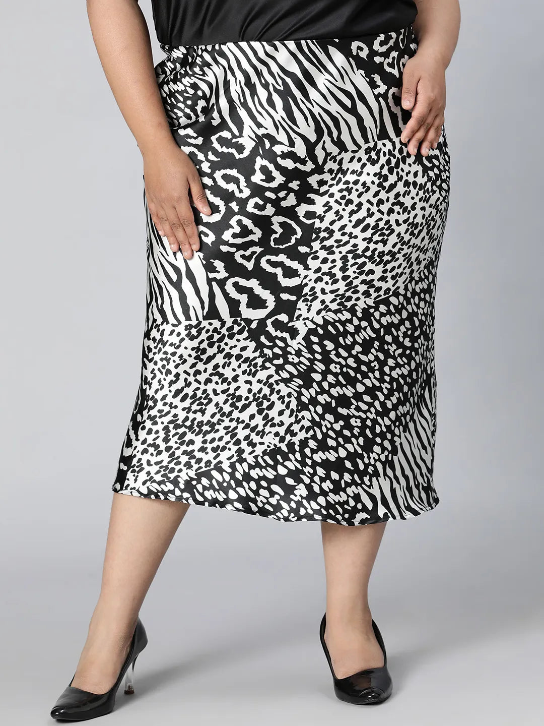 Starlit Black Animal Print Elasticated Plus Size Long Satin Skirt