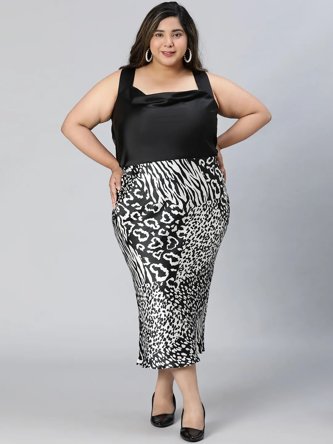 Starlit Black Animal Print Elasticated Plus Size Long Satin Skirt