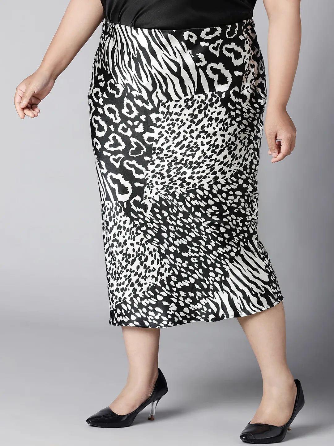 Starlit Black Animal Print Elasticated Plus Size Long Satin Skirt