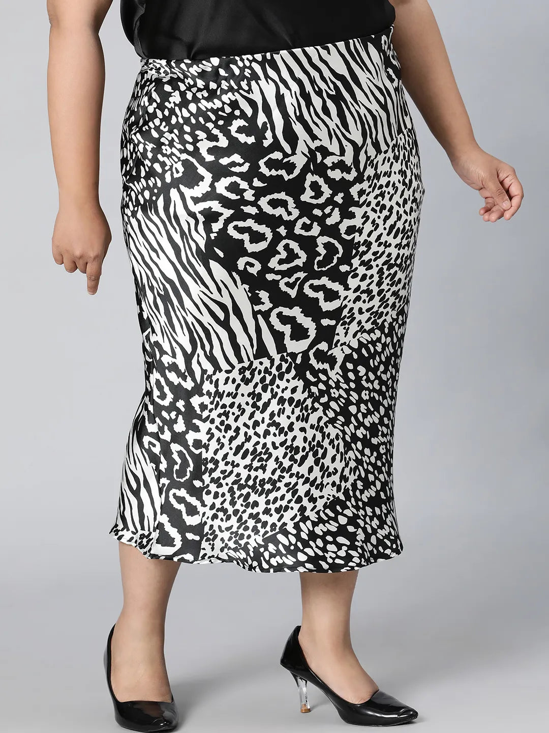 Starlit Black Animal Print Elasticated Plus Size Long Satin Skirt