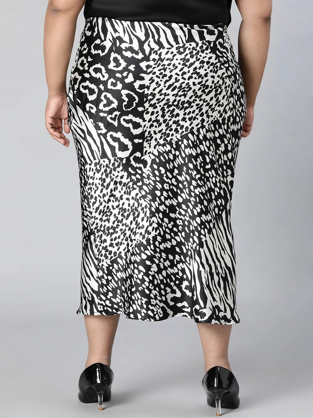 Starlit Black Animal Print Elasticated Plus Size Long Satin Skirt