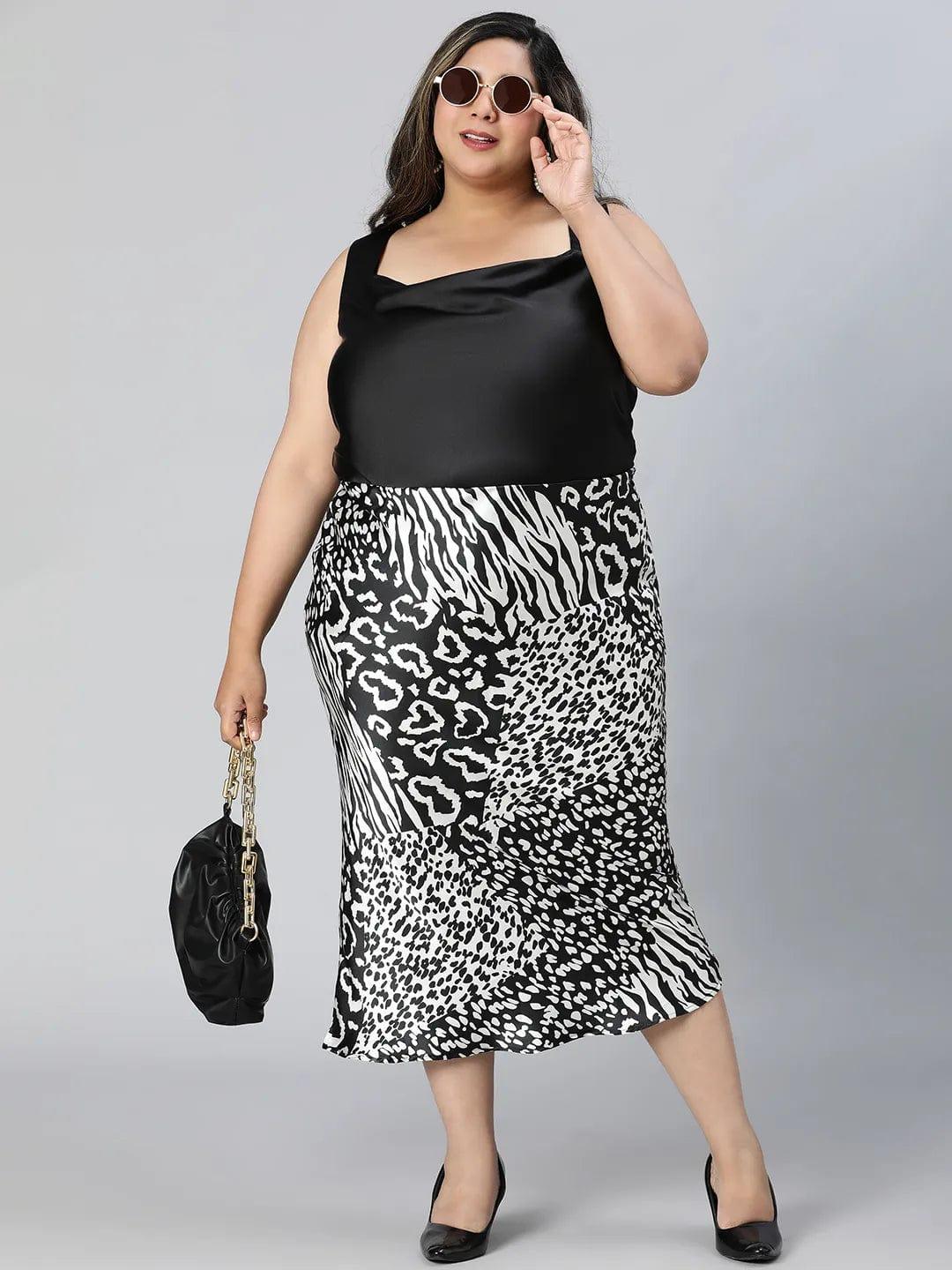 Starlit Black Animal Print Elasticated Plus Size Long Satin Skirt